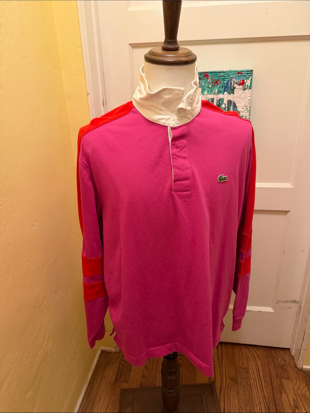 Lacoste Men’s Pink Long-Sleeve Polo with Red Shoulder and Sleeve Stripes